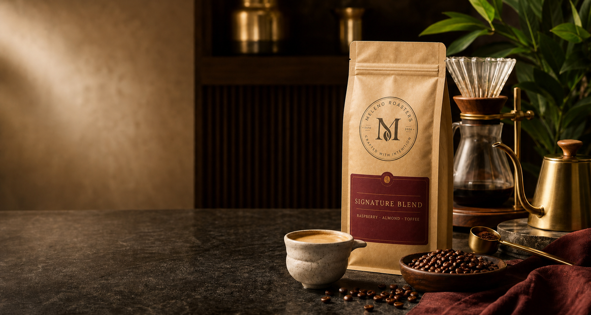 Meleno Roasters coffee presented in a refined home setting