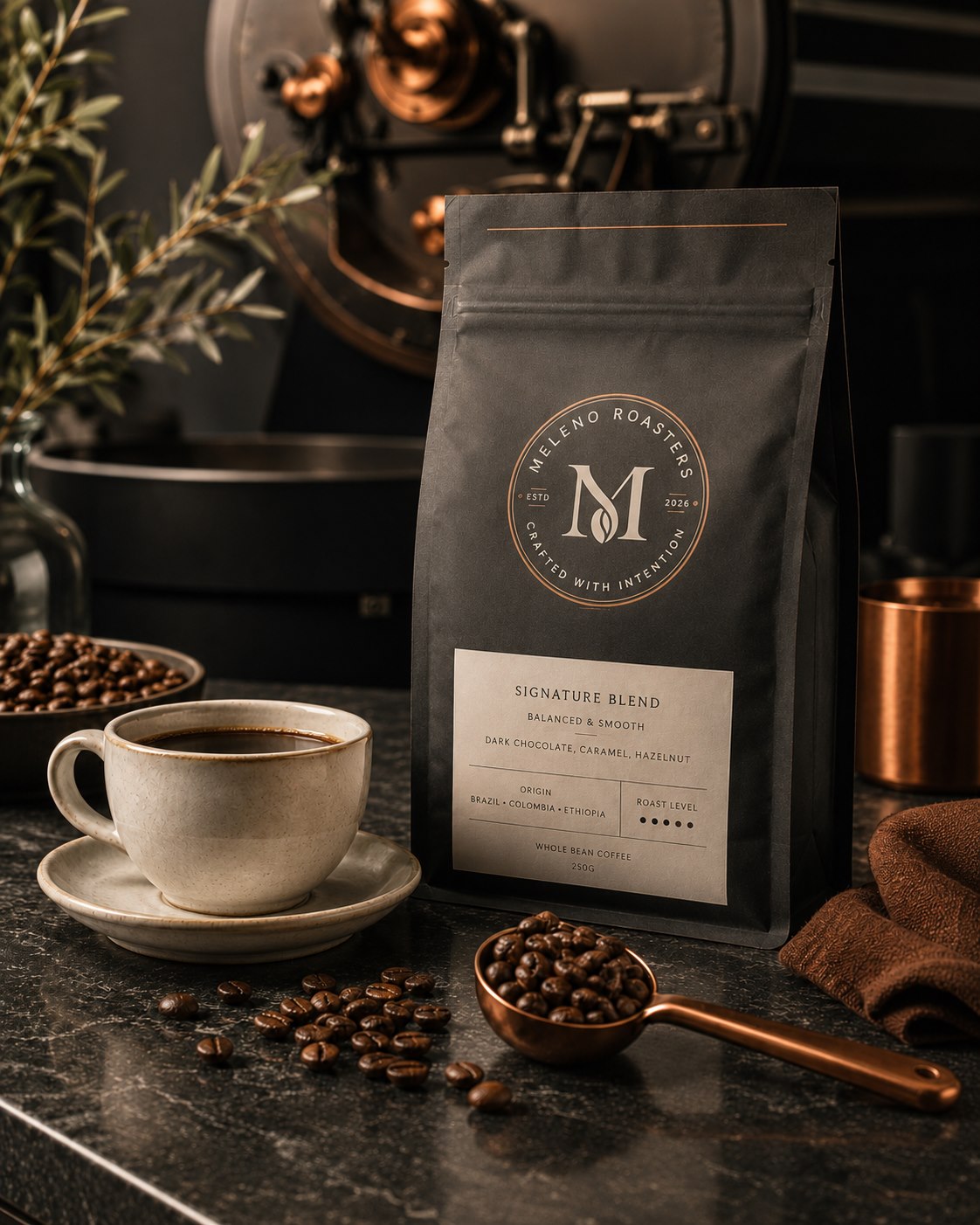Meleno Roasters coffee bag beside a cup in a refined roasting room