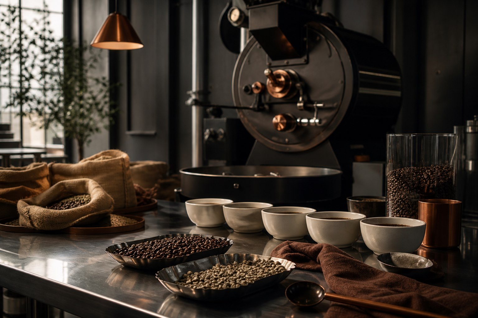 A refined coffee roasting room with cupping bowls and green coffee samples